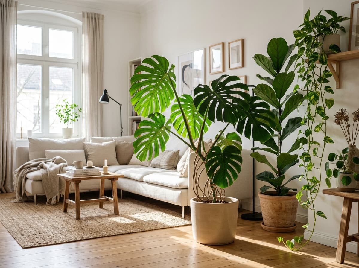 A bright living room with a monstera, a fiddle leaf fig and a trailing money plant