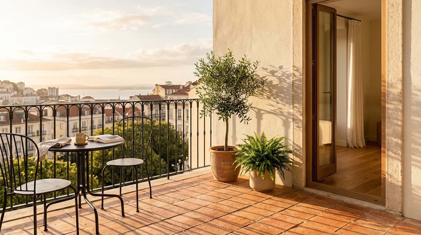 A sunny balcony with a small olive tree and a fern