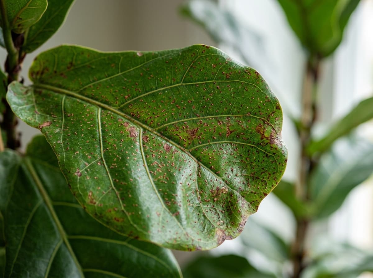A fiddle leaf fig leaf covered in small brown spots