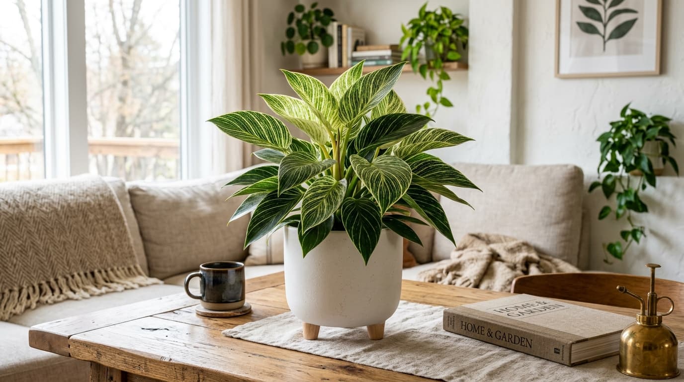 A variegated philodendron in a white pot on a table
