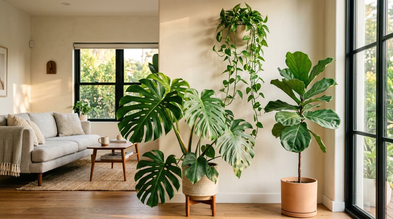 A living room with a monstera, a fiddle leaf fig and a hanging money plant