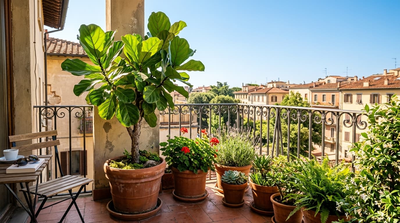 A sunny balcony full of potted plants