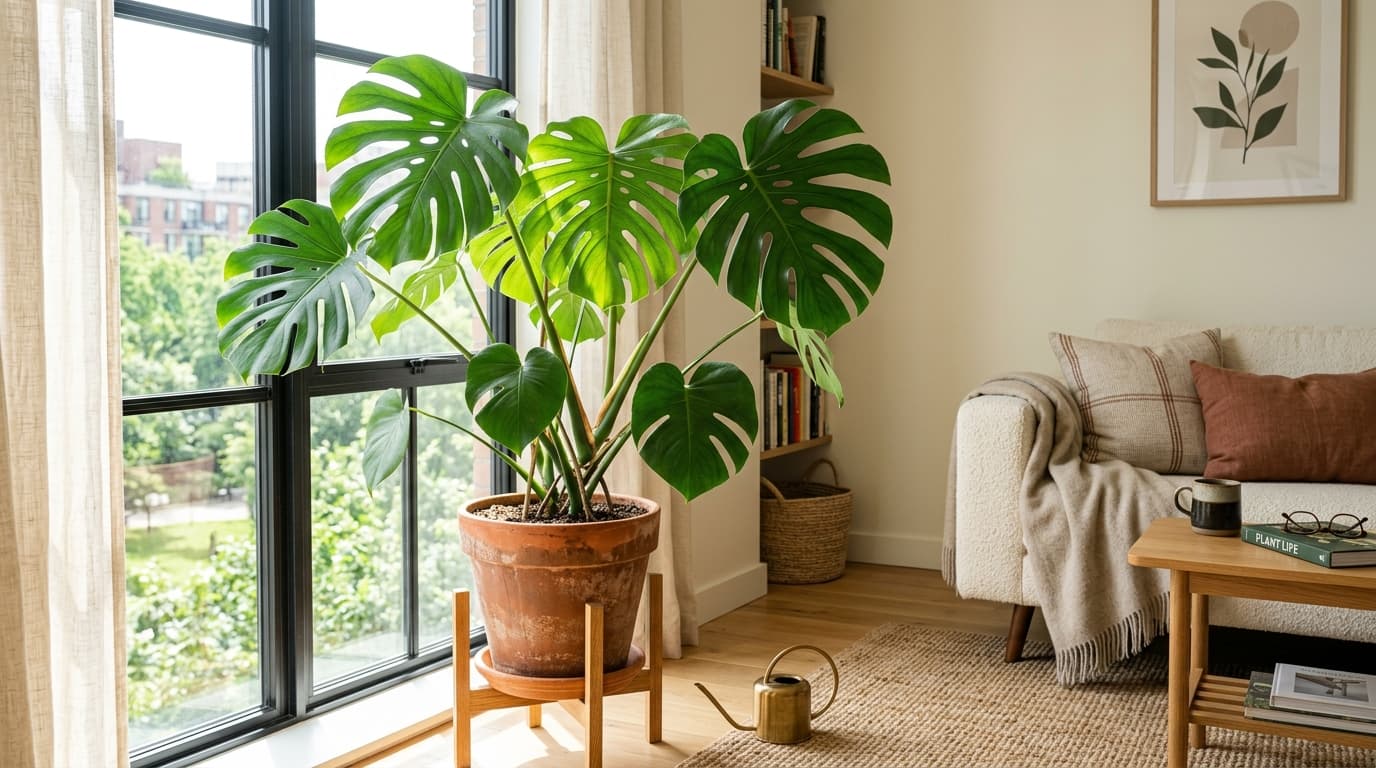 A tall monstera in a terracotta pot by a window