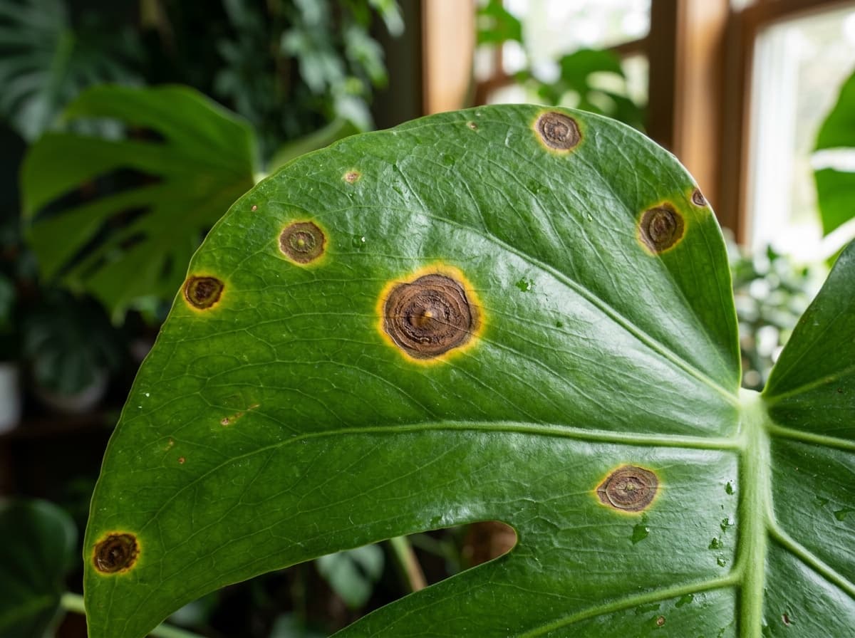 A monstera leaf with round brown spots